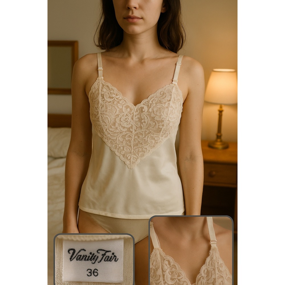 Vtg  Vanity Fair Women Cami Camisole Top Sz M‎ 32 Nylon Beige Lace Bohemian Sexy